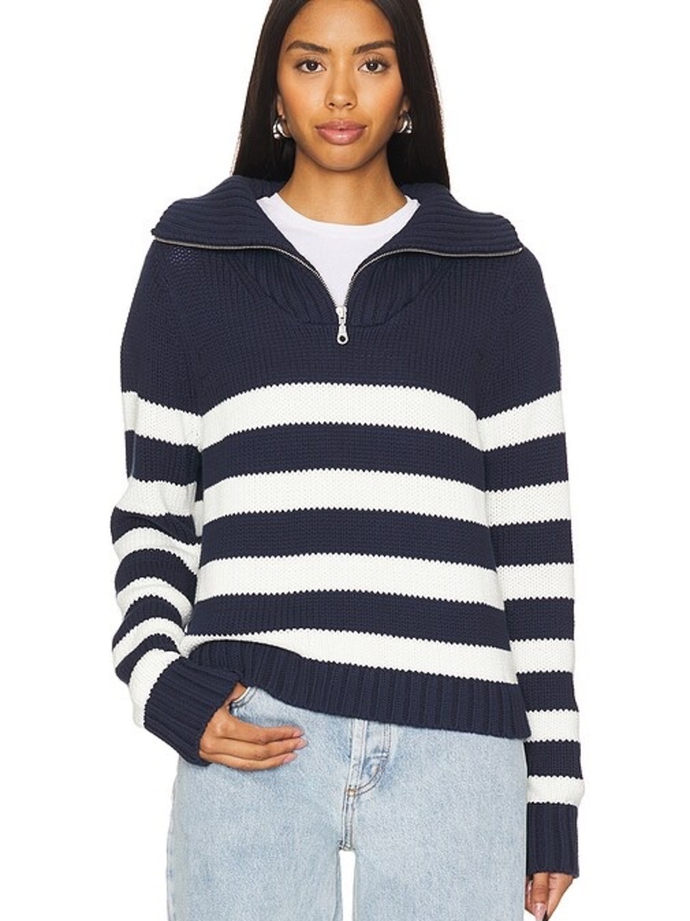 KULE Blue &Cream Striped Ribbed Half-Zip Pullover Size L NWT